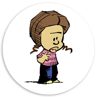 Cartoon character with brown hair styled in a bun, wearing a pink checkered shirt and blue pants, standing with a thoughtful expression.