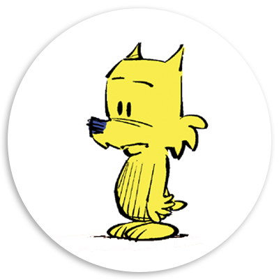 Cartoon character in profile view, featuring a yellow anthropomorphic cat with a simple, whimsical design, set against a white background in a circular frame.