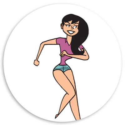 Cartoon character dancing playfully in a purple top and denim shorts, set against a circular white background.