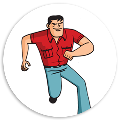 Cartoon character in a red shirt and blue jeans running energetically, showcasing a dynamic pose against a white circular background.