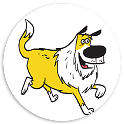 Cartoon illustration of a cheerful yellow dog with a fluffy white mane, happily running in a circular frame.