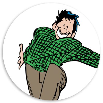 Smiling cartoon man wearing a green plaid shirt and brown pants, posing cheerfully with arms outstretched against a white circular background.
