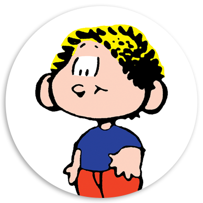 Cartoon character with short, curly yellow hair and a playful expression, wearing a blue shirt and orange pants, set against a white circular background.