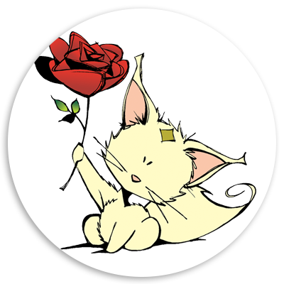 Cute cartoon cat holding a red rose, featuring large ears and a playful expression, set against a circular background. Ideal for pet-themed content or illustrations.