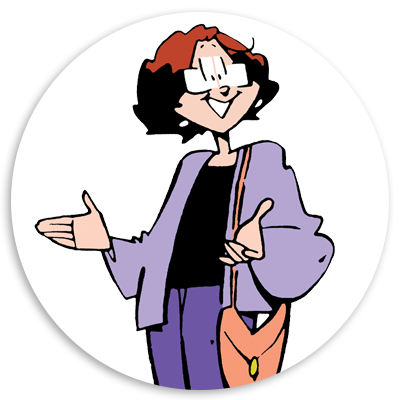 Cartoon character with short, curly red hair and glasses, wearing a purple jacket and black top, smiling and gesturing with open hands, set against a circular white background.