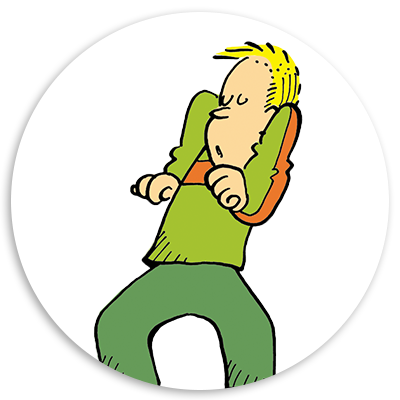 Cartoon character with blonde hair wearing a green and orange outfit, striking a playful pose with a surprised expression, set against a circular white background.