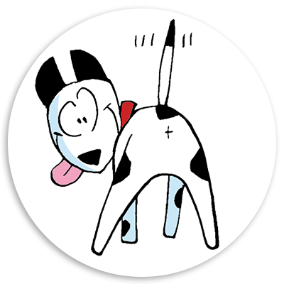 Cartoon dog with a playful expression, featuring black and white spots, a red collar, and a wagging tail, looking back over its shoulder.