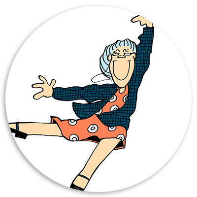 Cartoon character with blue hair and glasses, wearing a patterned blue shirt and a polka dot dress, joyfully dancing with one arm raised and a big smile, set against a circular white background.