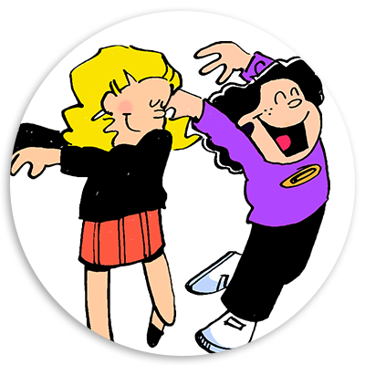 Two animated girls dancing joyfully, one with blonde hair in a black top and red skirt, the other with curly black hair in a purple shirt and white shoes, set against a circular background.