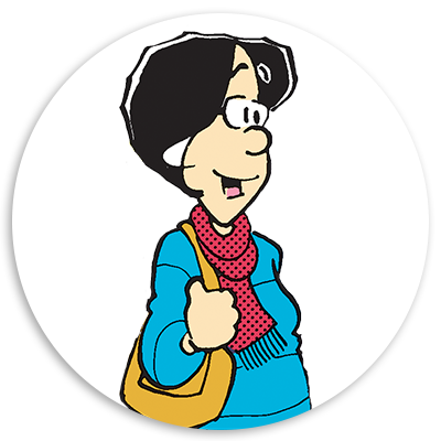 Cartoon character with short black hair, wearing glasses, a blue top, and a red scarf, holding a tan handbag, set against a circular white background.