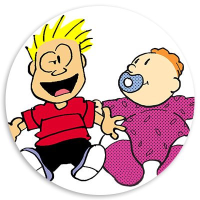Two cartoon characters sitting together: a smiling boy with spiky yellow hair and a red shirt, and a baby wearing a purple onesie and a blue pacifier, both depicted in a playful and colorful style.