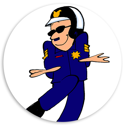 Cartoon police officer character in a blue uniform with a star badge and sunglasses, striking a playful pose against a circular white background.