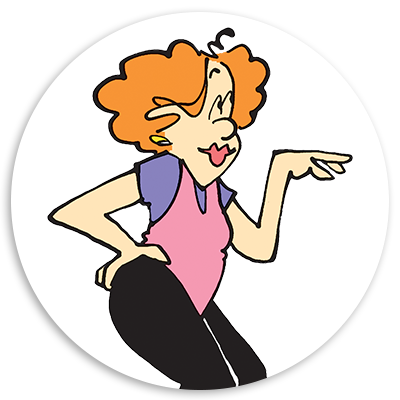 Animated character with curly orange hair, wearing a pink top and black pants, striking a playful pose with one hand on her hip and a confident expression.
