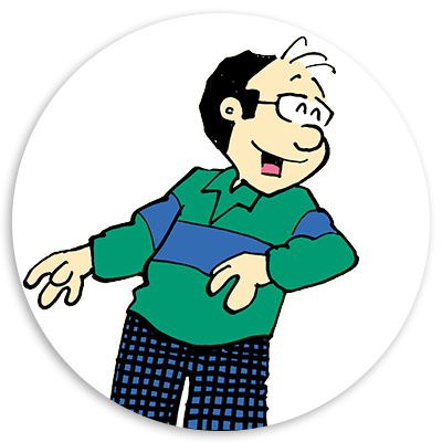Cartoon character with glasses and a playful expression, wearing a green and blue striped shirt and plaid pants, standing in a circular frame.