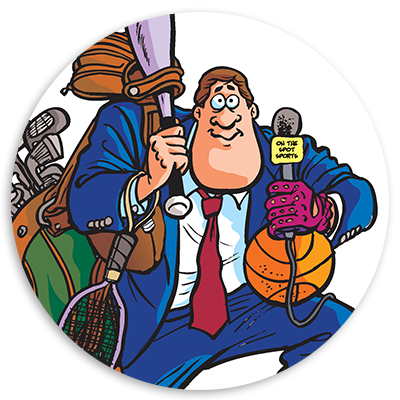 Cartoon character in a suit surrounded by various sports equipment, including golf clubs, a tennis racket, and a basketball, holding a microphone labeled 