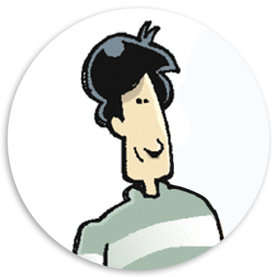 Cartoon illustration of a young man with dark hair wearing a striped green and white shirt, smiling and looking towards the viewer.