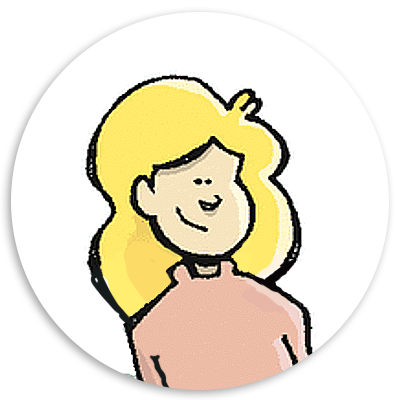 Cartoon illustration of a smiling woman with long blonde hair wearing a pink sweater, set against a circular background.
