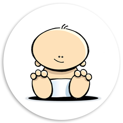 Cartoon illustration of a happy baby sitting down, showcasing a round head, small ears, and chubby feet, set against a white background in a circular frame.