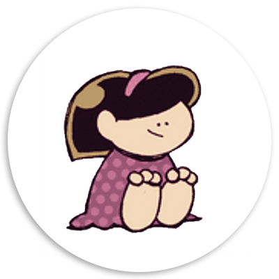 Cartoon illustration of a young girl sitting on the floor, wearing a pink polka dot dress and a matching headband, smiling contentedly.