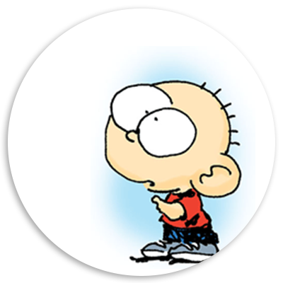 Cartoon character of a young boy with a bald head and oversized eyes, wearing a red shirt and blue shorts, looking up with a curious expression.