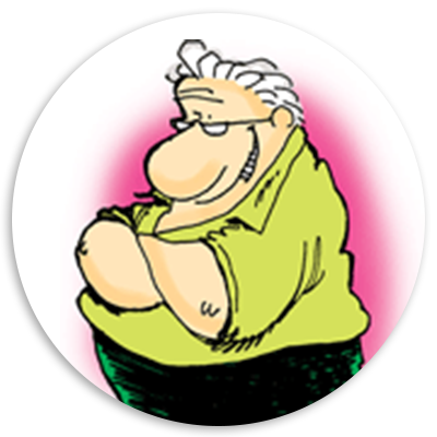 Cartoon illustration of a cheerful older man with white hair and glasses, wearing a green shirt and black pants, smiling with arms crossed against a pink background.