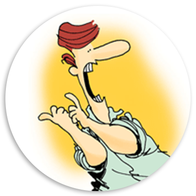 Cartoon character with red hair and a big smile, enthusiastically gesturing with both hands, set against a bright yellow background.