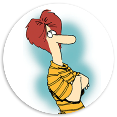 Cartoon character with red hair and a long nose, wearing a yellow and black striped shirt, standing with arms crossed against a soft blue background.