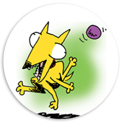 Cartoon illustration of a playful yellow dog with exaggerated features, jumping excitedly to catch a purple ball against a green background.