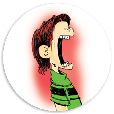Illustration of a cartoon boy with brown hair, wearing a green striped shirt, shouting with an exaggerated expression against a red background.