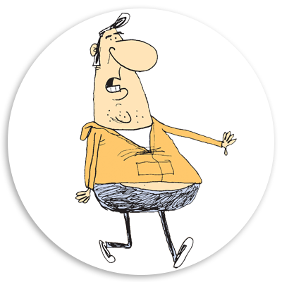 Cartoon character with a round face and exaggerated features, wearing an orange hoodie and blue pants, depicted in a walking pose against a white circular background.