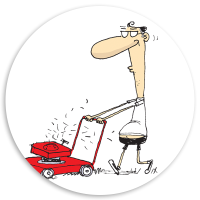 Cartoon illustration of a man pushing a red lawn mower across a grassy area, showcasing a humorous take on lawn maintenance.