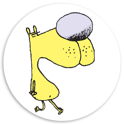 Cartoon illustration of a quirky yellow character with a large nose and a cap, walking with a playful expression.