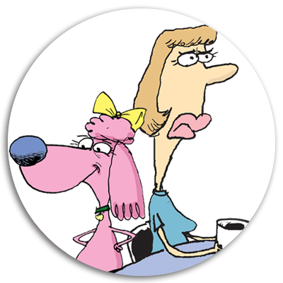 Cartoon illustration of a pink dog with a yellow bow and a woman with a concerned expression, both appearing to share a moment of contemplation. The woman is seated, holding a coffee cup, while the dog stands beside her, looking curious.