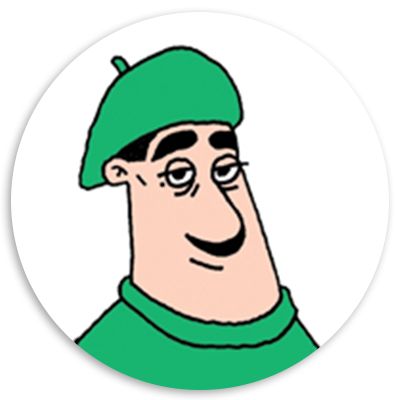 Cartoon character with a green beret and matching sweater, featuring a relaxed expression and stylized facial features, set against a white circular background.