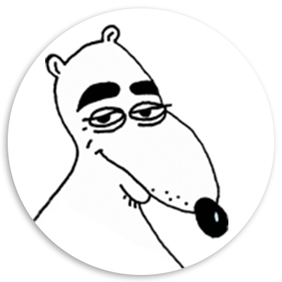 Cartoon character illustration of a stylized dog with a smug expression, featuring exaggerated facial features and a round shape.