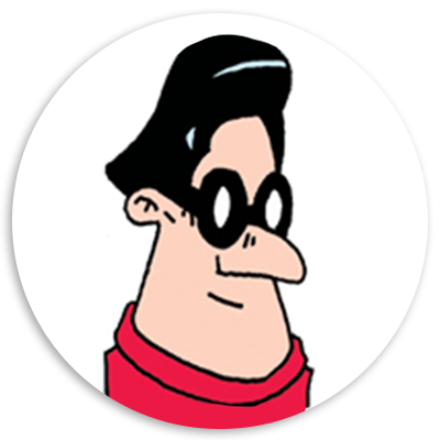 Cartoon character with black hair, wearing glasses and a red sweater, depicted in a circular frame.