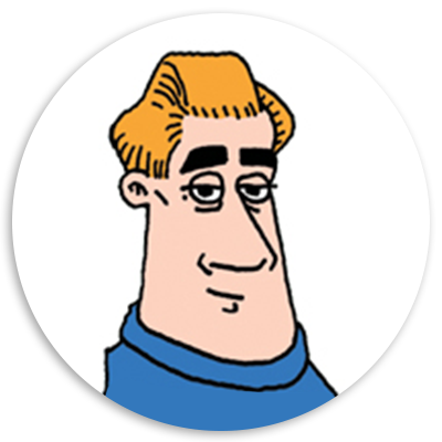 Cartoon illustration of a man with blonde hair and a prominent chin, wearing a blue sweater, set against a white background in a circular frame.