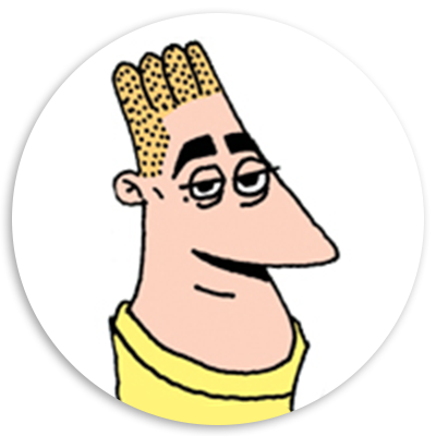 Cartoon character with blonde, spiky hair and a playful expression, wearing a yellow shirt, set against a white background in a circular frame.