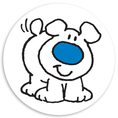 Cartoon illustration of a playful dog with a blue nose, standing in a cheerful pose against a white circular background.