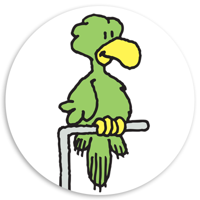 Cartoon illustration of a green parrot perched on a metal stand, featuring a yellow beak and a playful expression, set against a circular white background.