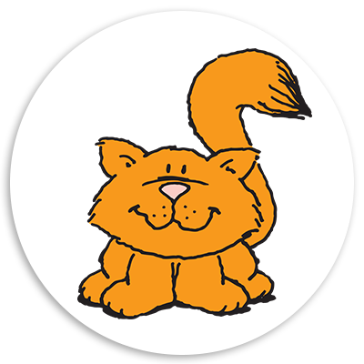 Cartoon illustration of a cheerful orange cat with a fluffy tail, sitting in a round white background. The cat has a playful expression, featuring a pink nose and big eyes. Ideal for pet-related content or children's illustrations.