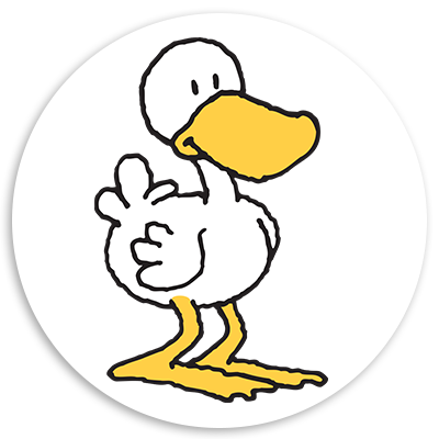 Cartoon-style illustration of a cheerful duck with a yellow bill and feet, standing on a white circular background.