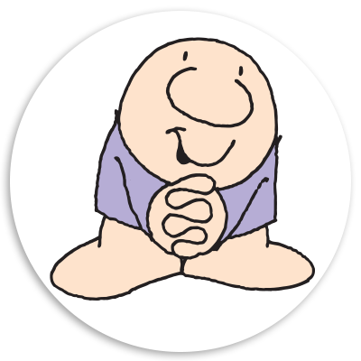 Cartoon character with a round face and a friendly smile, sitting cross-legged with hands clasped together, wearing a purple shirt.