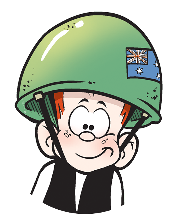 Cartoon character with red hair wearing a green military helmet featuring the Australian flag, smiling and looking cheerful.