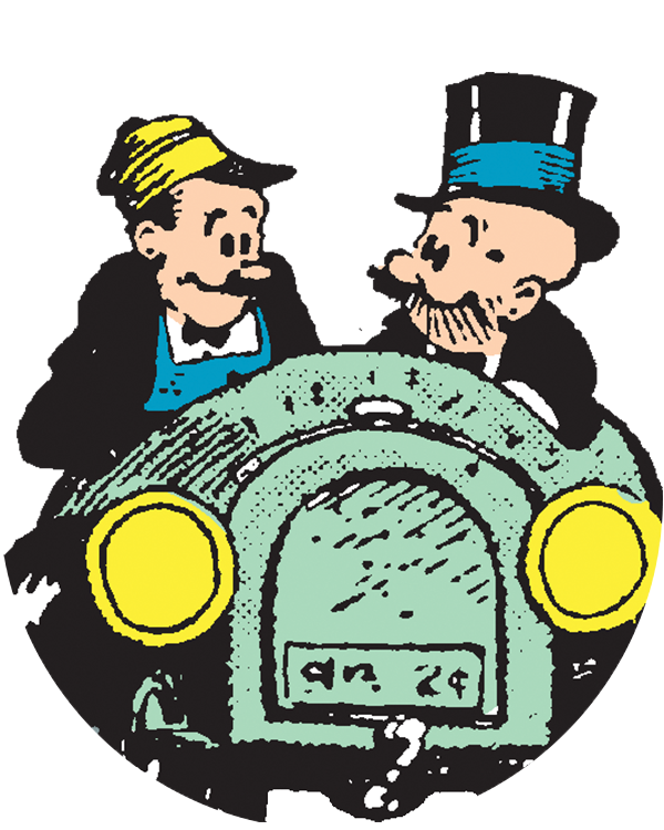 Two cartoon characters, one in a yellow hat and the other in a top hat, are seated in a vintage green car with yellow headlights, engaging in conversation. The image captures a whimsical moment, showcasing classic cartoon style and character design.