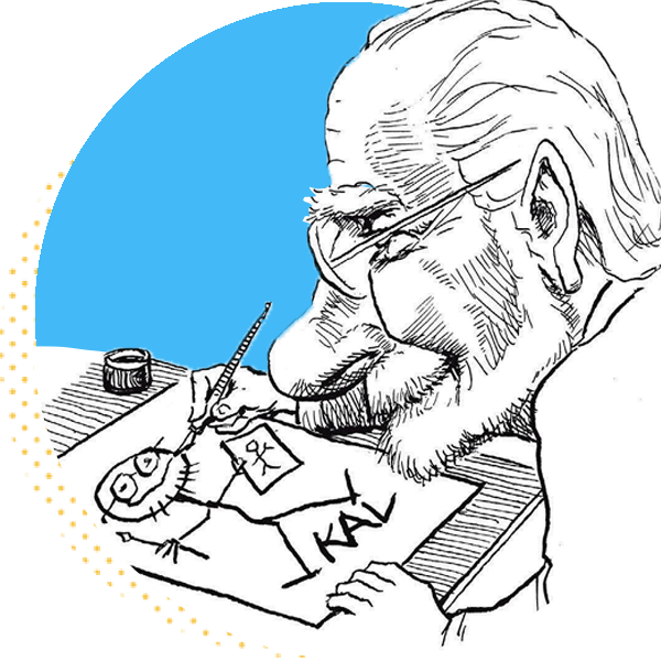 Illustration of an elderly man with glasses drawing a character on paper, surrounded by art supplies. The drawing features a whimsical figure labeled 
