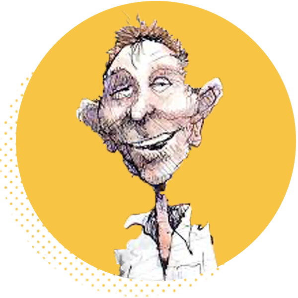Cartoon-style illustration of a cheerful man with exaggerated features, smiling against a bright yellow circular background. The character has a playful expression and is wearing a white shirt, showcasing a whimsical art style.