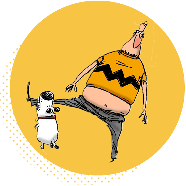 Cartoon illustration of a man in a yellow shirt with a zigzag pattern playfully interacting with a small dog, set against a vibrant yellow background. The scene captures a humorous moment, highlighting the bond between the characters.