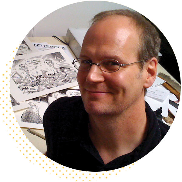 Portrait of a smiling artist with glasses, surrounded by sketches and cartoon illustrations on a workspace, showcasing creativity and artistic talent.