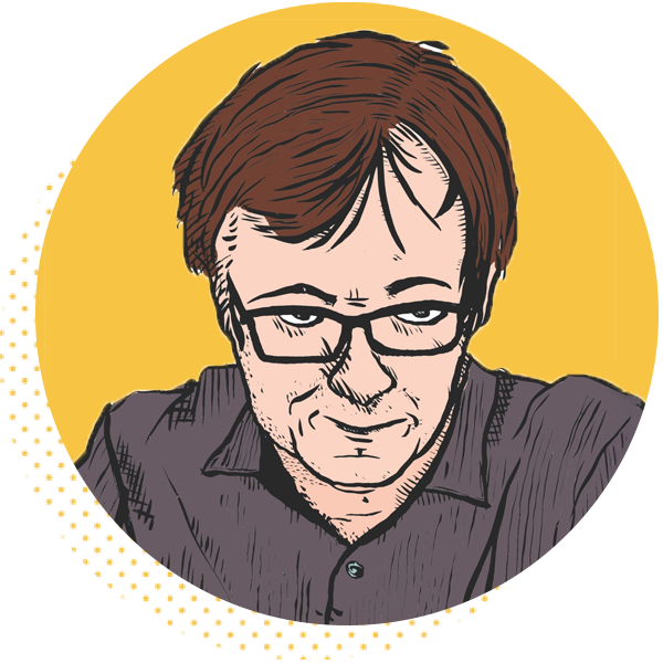 Illustration of a man with glasses and tousled hair, wearing a dark shirt, set against a bright yellow circular background. The character exudes a thoughtful and slightly mischievous expression, suitable for a creative or artistic context.